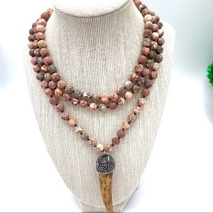 Ox horn leopard skin pendant natural gemstone and crystal necklace